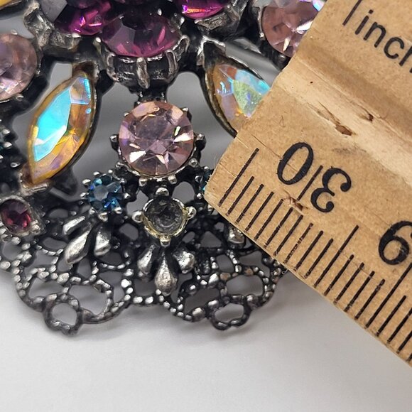 VTG Brooch Silver Tone AB Purple Pink Rhinestones w/ Blue Cabochon Accents *READ - Picture 3 of 8